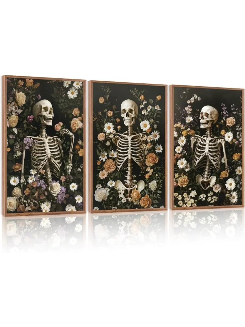 Large 16x24 Halloween Skeleton Canvas Art - Vintage Skull & Floral Wall Decor